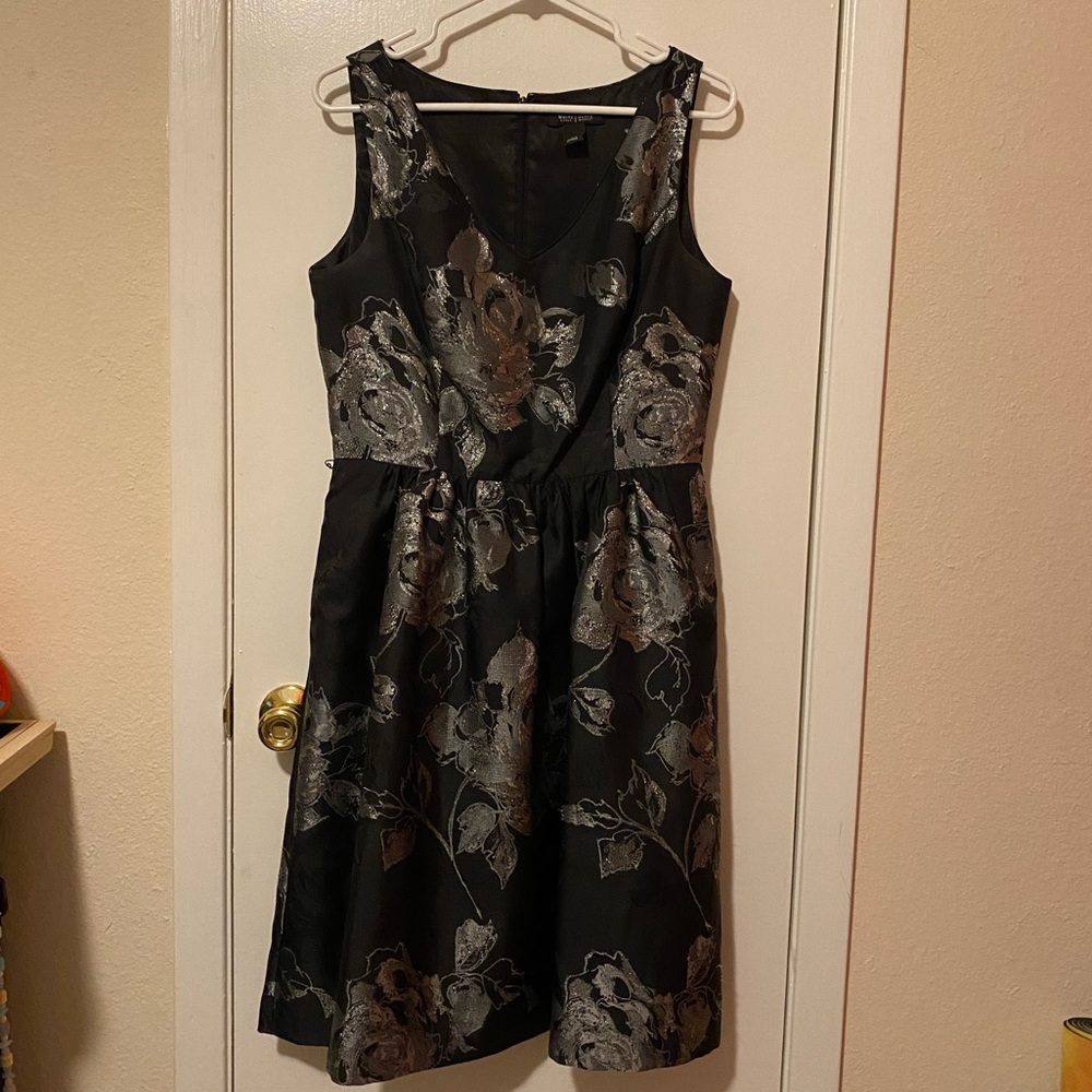 WHBM Metallic Floral Print Dress - Size 10 - Black + Silver